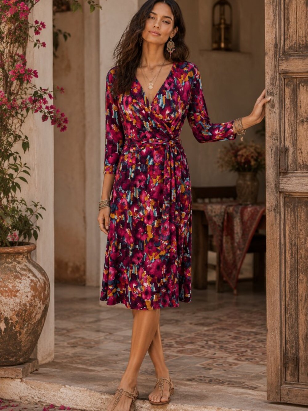 Jones New York Wrap Dress Red Watercolor Print SZ10 Career Office Jersey Classic